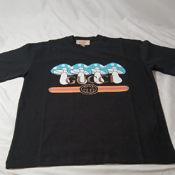 Gucci Black Short Sleeve Tee with Blue Mushroom Design